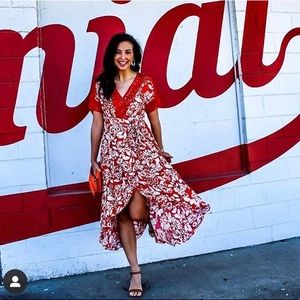 Red Floral Midi Wrap Dress